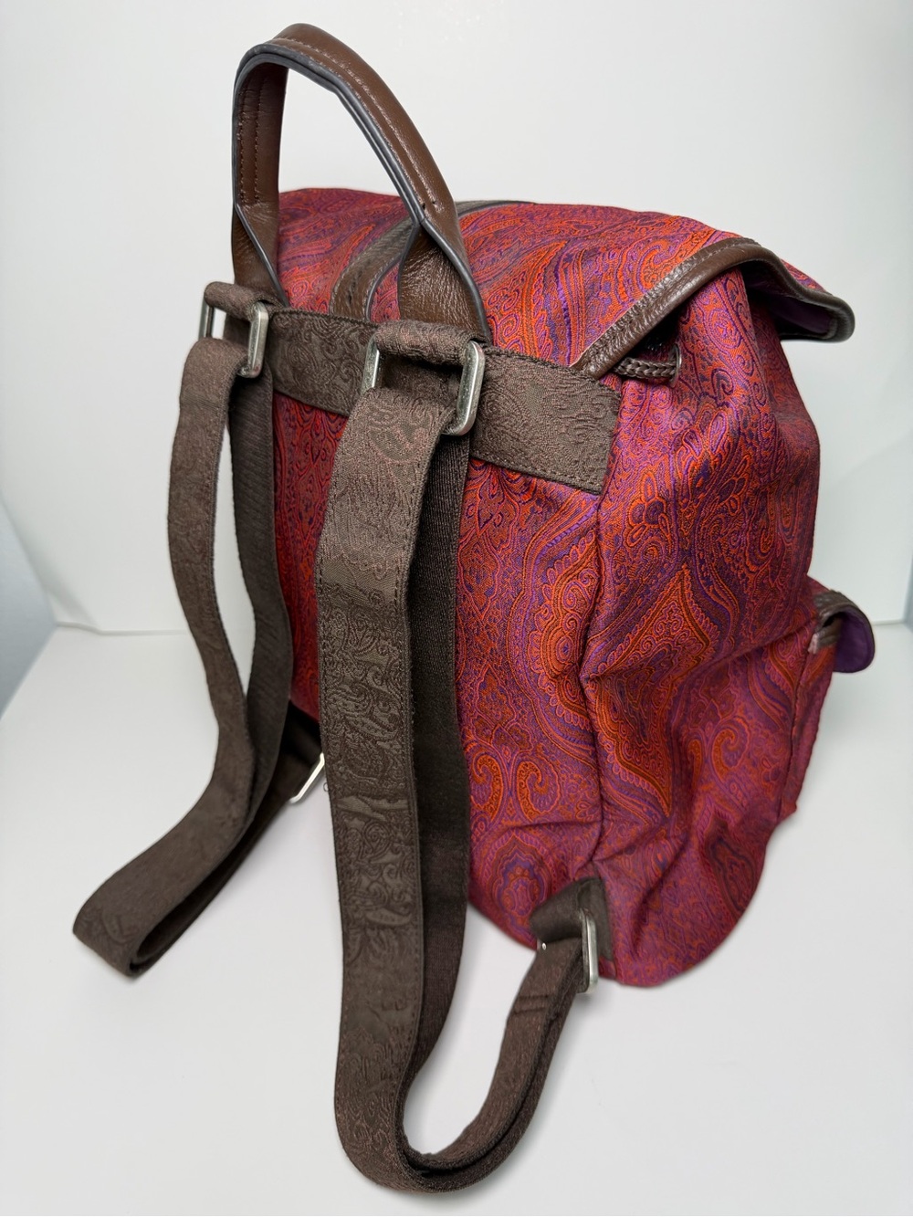Robert Graham Stellen Rucksack Paisley Red Purple Silk + Brown Leather, Backpack - Picture 6 of 16